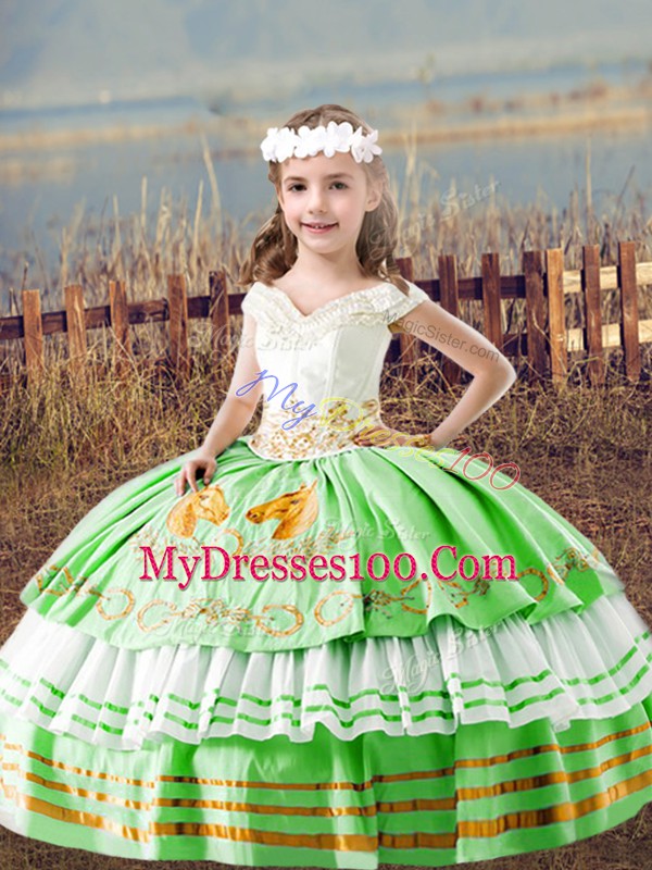 Hot Sale Floor Length Little Girl Pageant Gowns Satin Sleeveless Embroidery