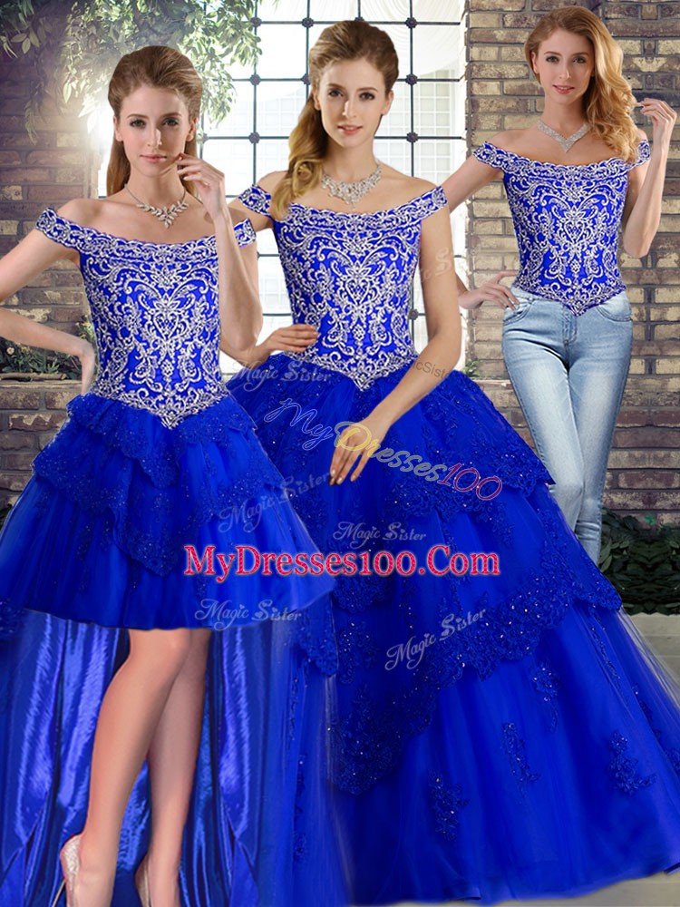 Lace Up Sweet 16 Dress Royal Blue for Military Ball and Sweet 16 with Beading and Lace Brush Train