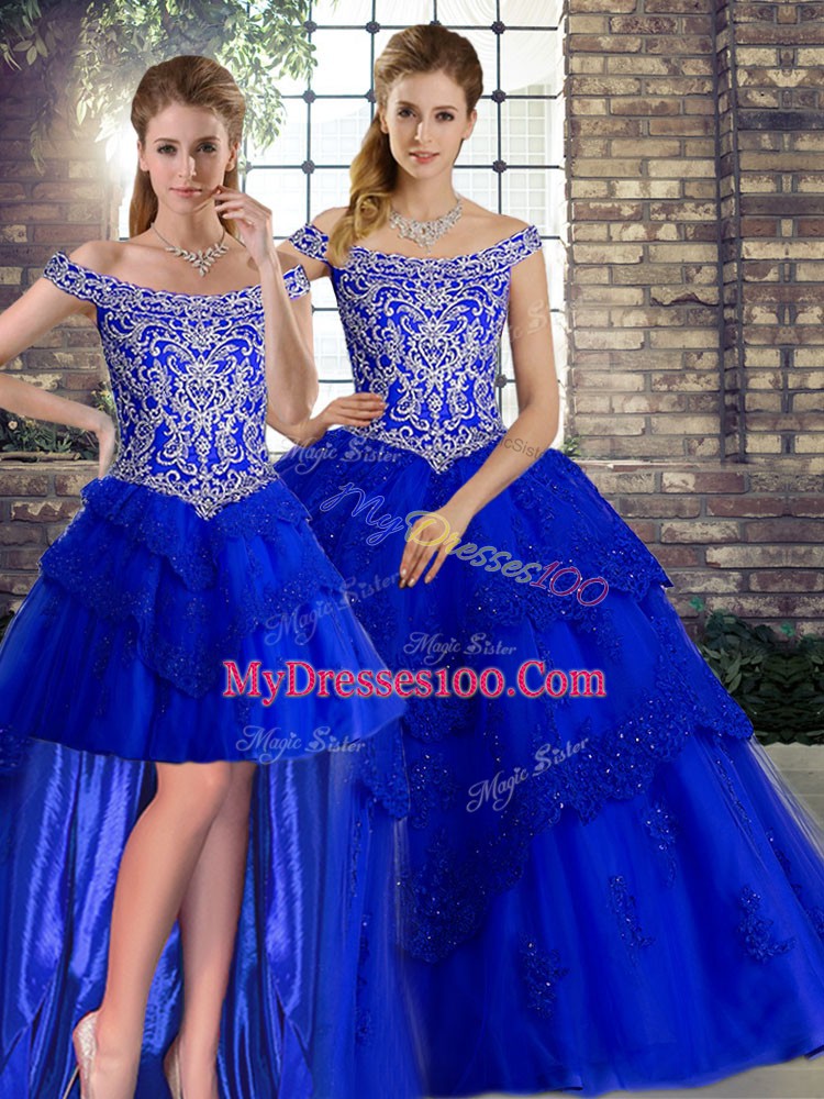 Lace Up Sweet 16 Dress Royal Blue for Military Ball and Sweet 16 with Beading and Lace Brush Train