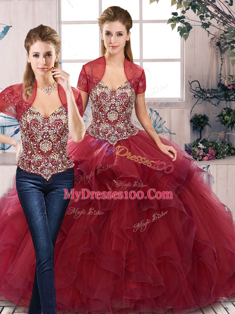Burgundy Sweet 16 Dress Military Ball and Sweet 16 and Quinceanera with Beading and Ruffles Off The Shoulder Sleeveless Lace Up