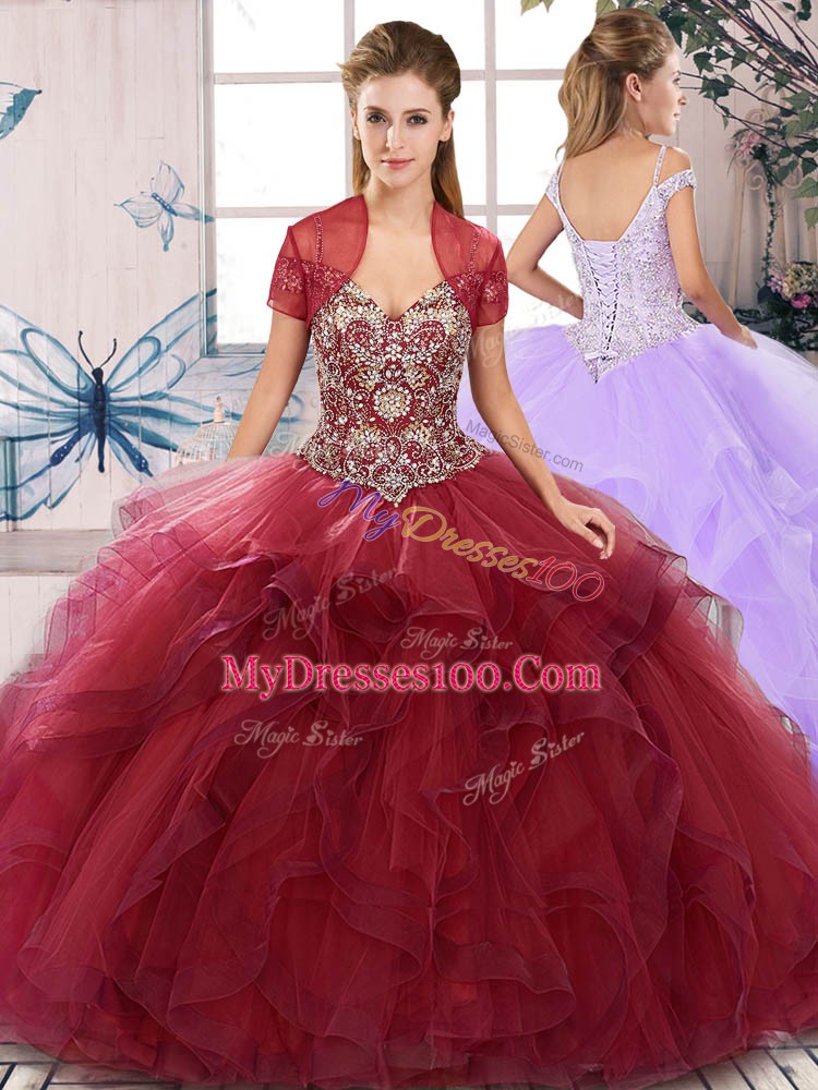Burgundy Sweet 16 Dress Military Ball and Sweet 16 and Quinceanera with Beading and Ruffles Off The Shoulder Sleeveless Lace Up