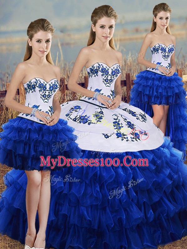 Affordable Royal Blue 15th Birthday Dress Military Ball and Sweet 16 and Quinceanera with Embroidery and Ruffled Layers and Bowknot Sweetheart Sleeveless Lace Up