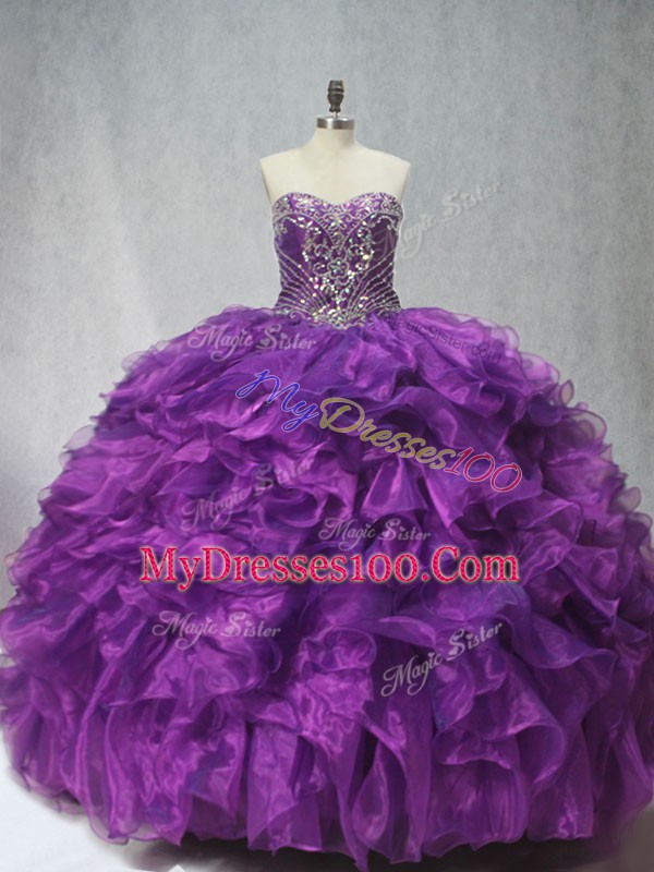 Popular Brush Train Ball Gowns 15 Quinceanera Dress Purple Sweetheart Organza Sleeveless Lace Up