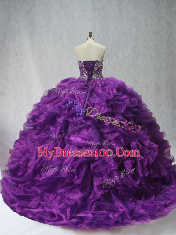 Popular Brush Train Ball Gowns 15 Quinceanera Dress Purple Sweetheart Organza Sleeveless Lace Up