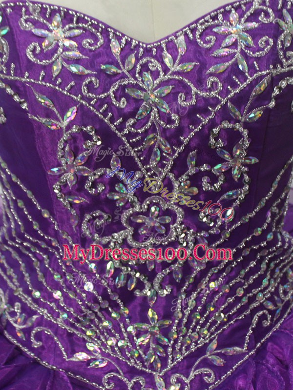 Popular Brush Train Ball Gowns 15 Quinceanera Dress Purple Sweetheart Organza Sleeveless Lace Up