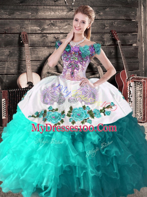Turquoise Ball Gowns Embroidery Sweet 16 Dress Lace Up Organza Sleeveless Floor Length