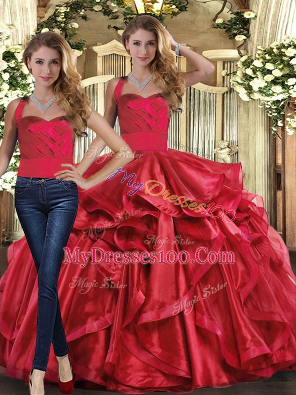 Organza Halter Top Sleeveless Lace Up Ruffles Vestidos de Quinceanera in Red