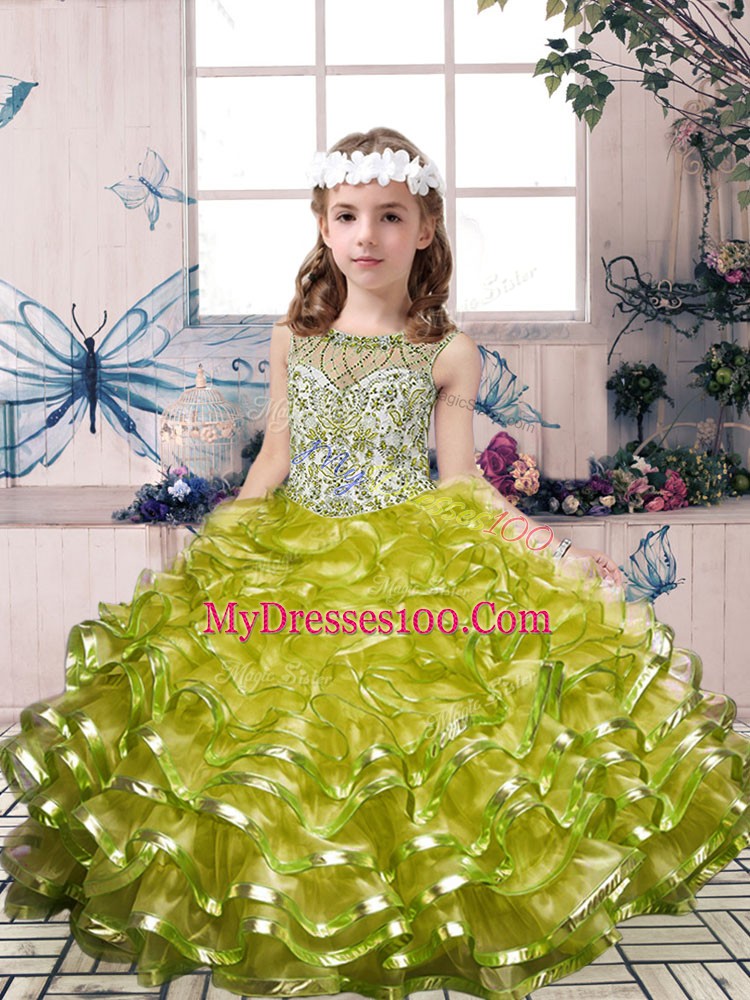 Olive Green Lace Up Scoop Beading and Ruffles Little Girls Pageant Dress Organza Sleeveless