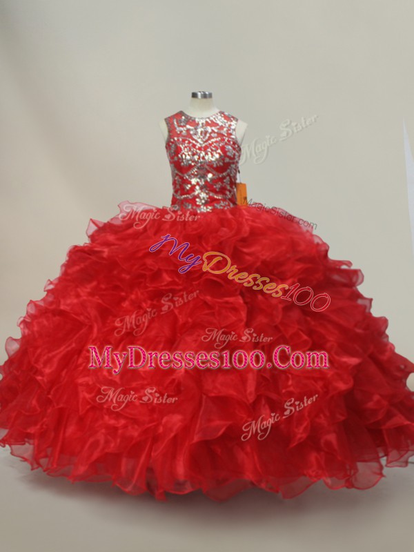 Sweet Sleeveless Organza Floor Length Lace Up Quinceanera Dresses in Red with Ruffles and Sequins