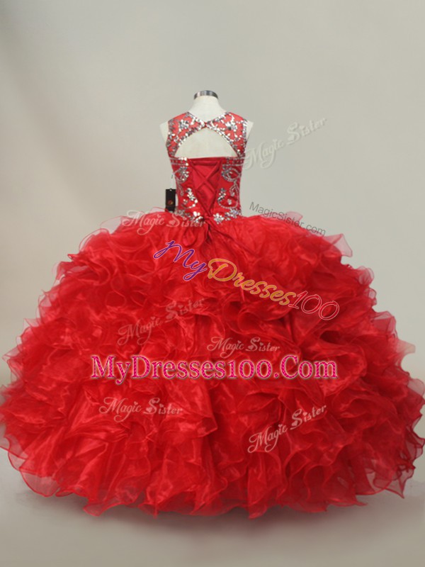 Sweet Sleeveless Organza Floor Length Lace Up Quinceanera Dresses in Red with Ruffles and Sequins