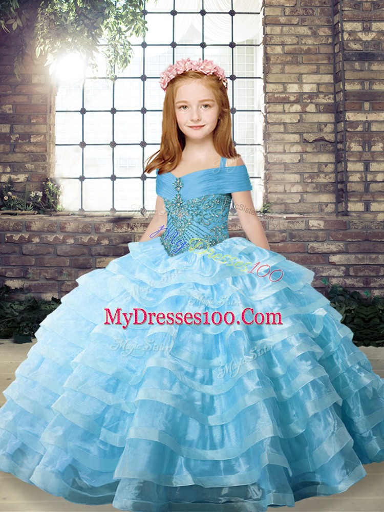 Straps Sleeveless Brush Train Lace Up Pageant Dress for Girls Aqua Blue Organza