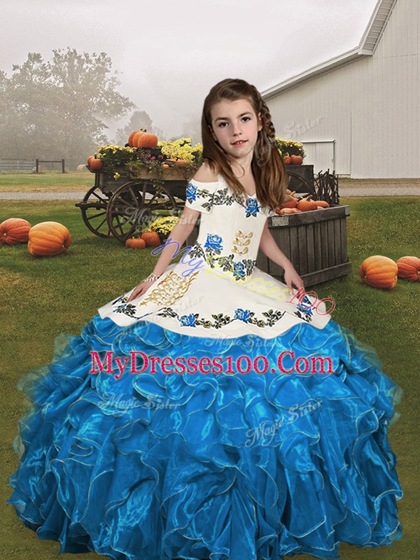 Floor Length Blue and Baby Blue Little Girls Pageant Dress Wholesale Straps Sleeveless Lace Up