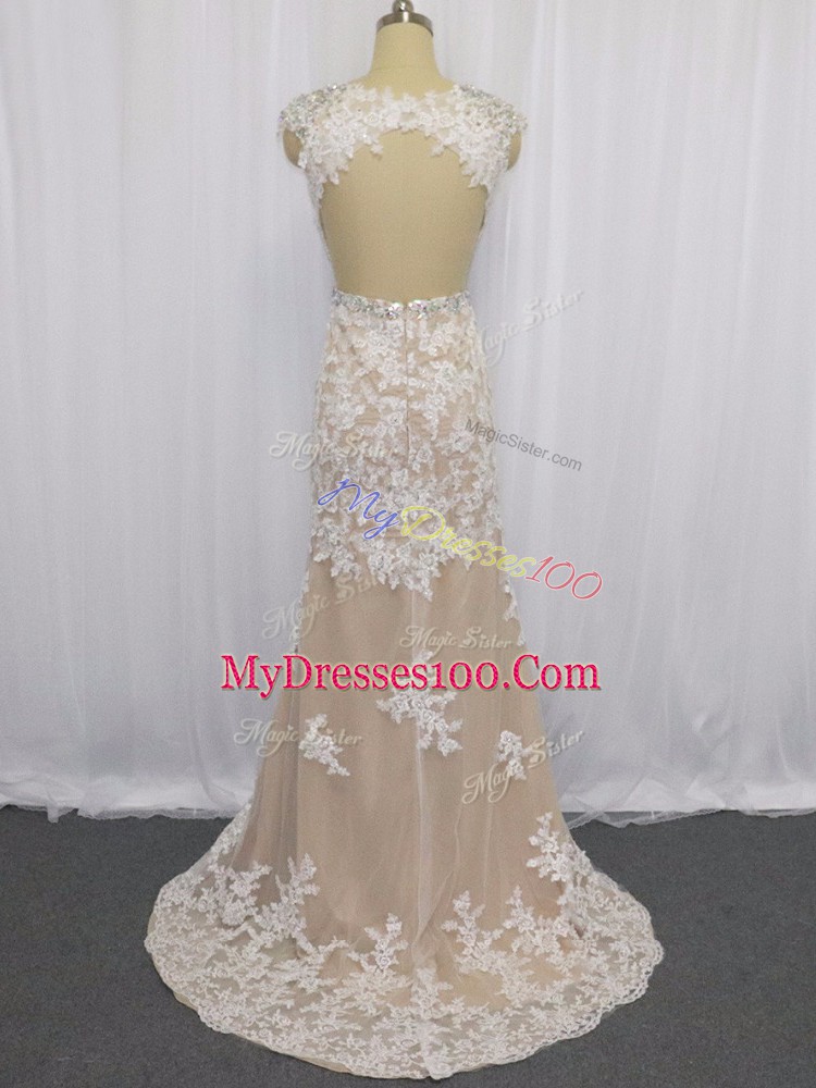 Comfortable Champagne Cap Sleeves Beading and Appliques Backless