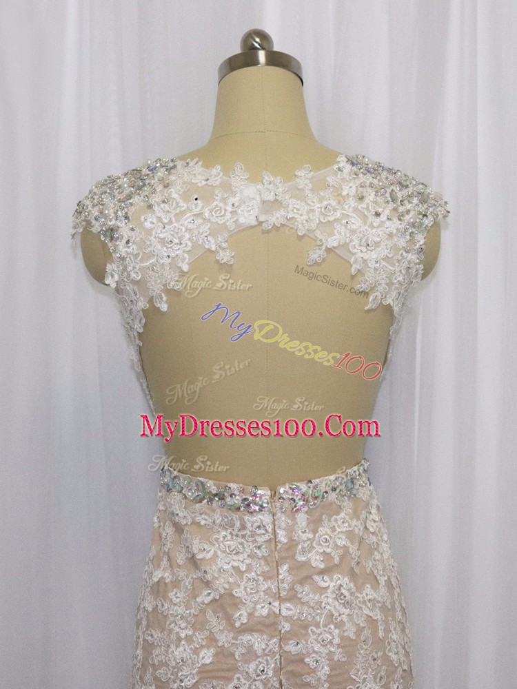 Comfortable Champagne Cap Sleeves Beading and Appliques Backless