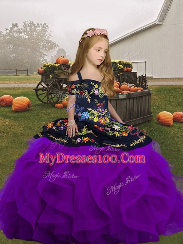 Charming Ball Gowns Little Girl Pageant Gowns Purple Straps Tulle Sleeveless Floor Length Lace Up