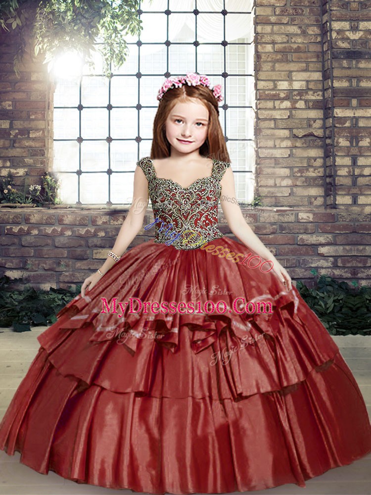 Stunning Floor Length Red Kids Formal Wear Taffeta Sleeveless Beading