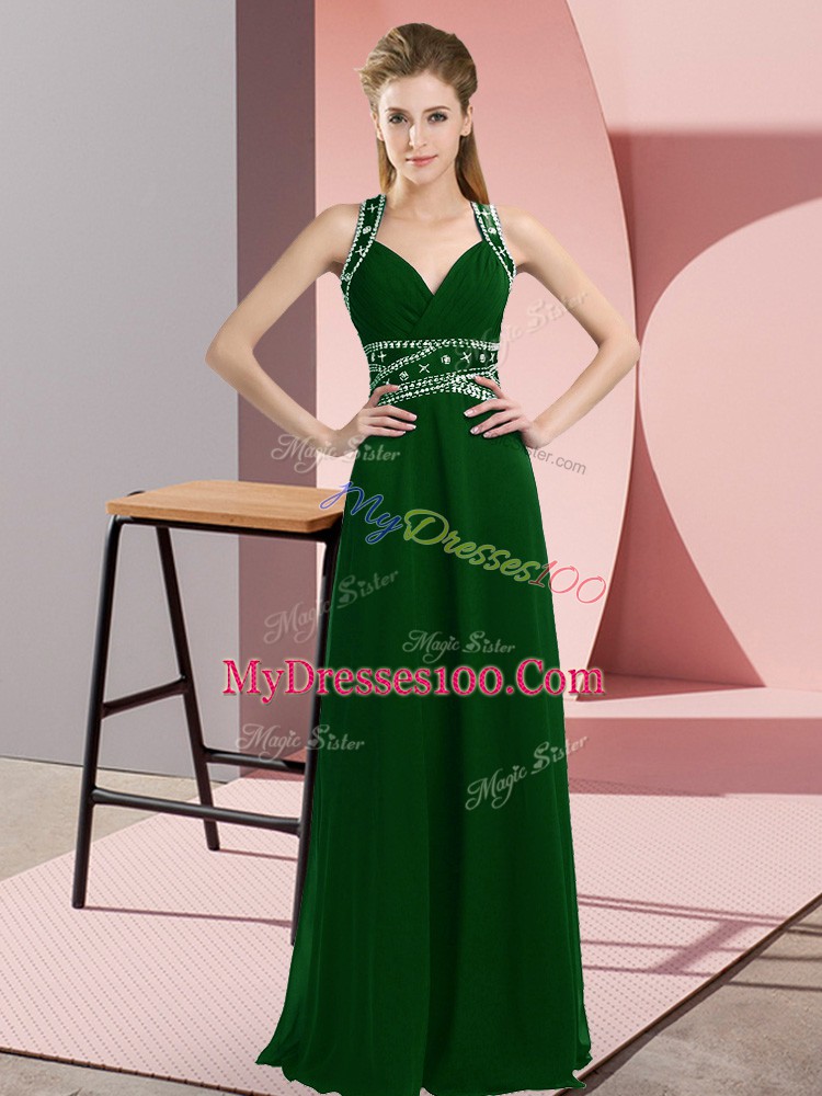 Flirting Straps Sleeveless Floor Length Beading Dark Green Chiffon