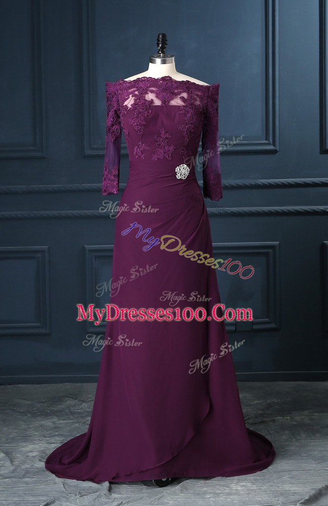 Noble Purple Evening Dress Scalloped Sleeveless Brush Train Zipper