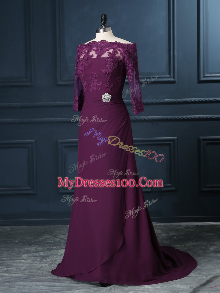 Noble Purple Evening Dress Scalloped Sleeveless Brush Train Zipper