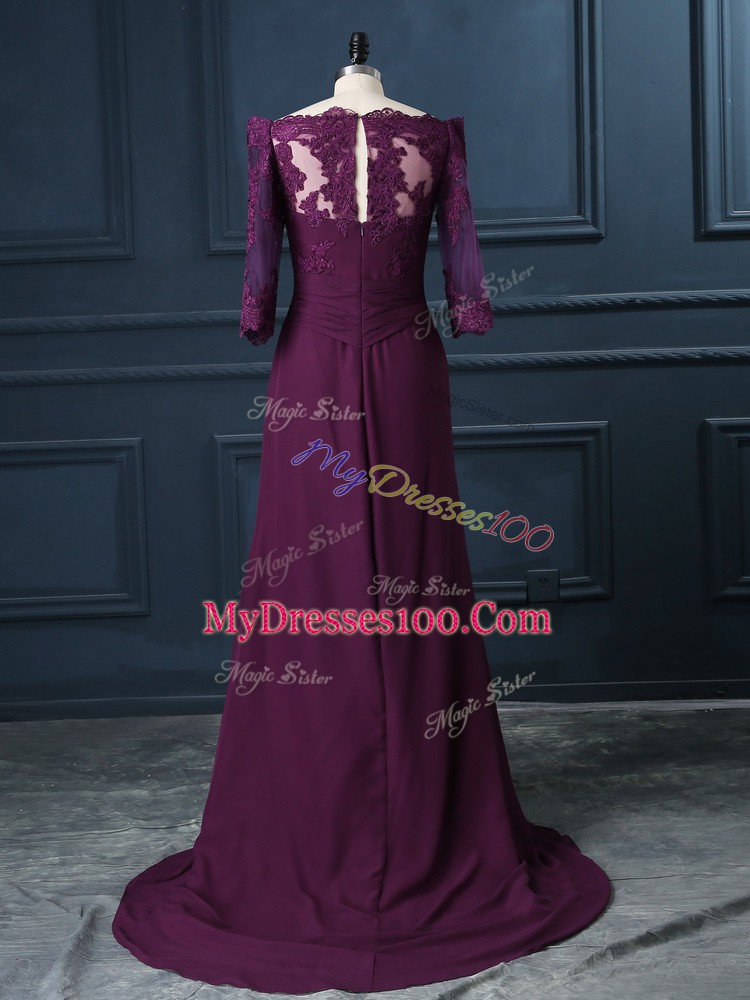 Noble Purple Evening Dress Scalloped Sleeveless Brush Train Zipper
