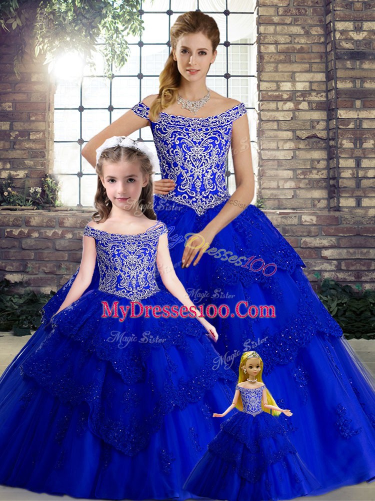 Perfect Royal Blue Sleeveless Tulle Brush Train Lace Up Sweet 16 Quinceanera Dress for Military Ball and Sweet 16 and Quinceanera