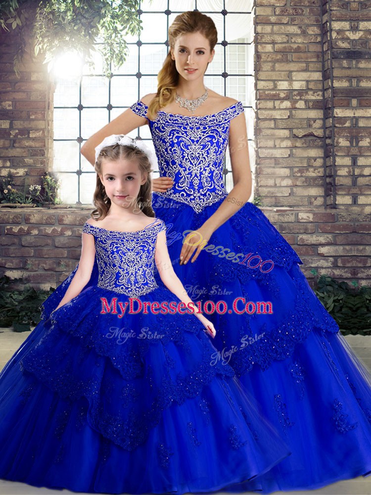 Perfect Royal Blue Sleeveless Tulle Brush Train Lace Up Sweet 16 Quinceanera Dress for Military Ball and Sweet 16 and Quinceanera