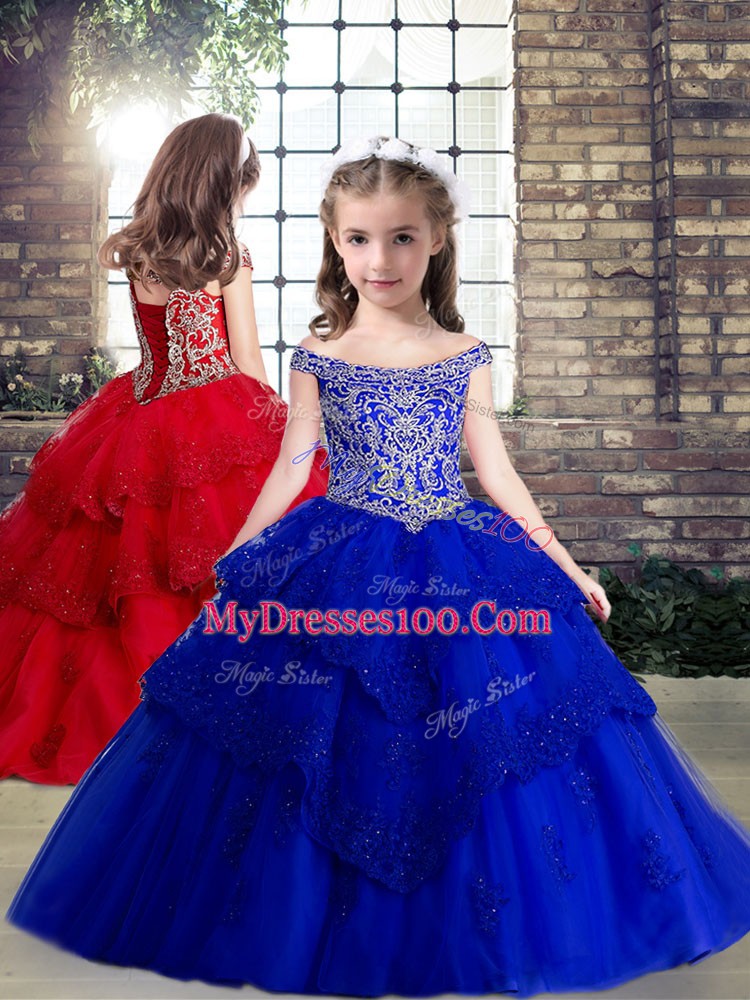 Perfect Royal Blue Sleeveless Tulle Brush Train Lace Up Sweet 16 Quinceanera Dress for Military Ball and Sweet 16 and Quinceanera