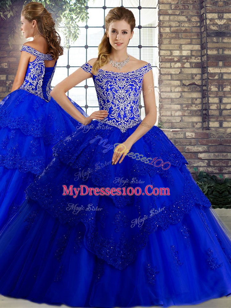 Perfect Royal Blue Sleeveless Tulle Brush Train Lace Up Sweet 16 Quinceanera Dress for Military Ball and Sweet 16 and Quinceanera