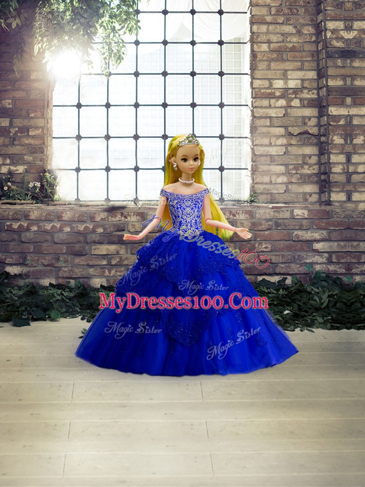 Perfect Royal Blue Sleeveless Tulle Brush Train Lace Up Sweet 16 Quinceanera Dress for Military Ball and Sweet 16 and Quinceanera
