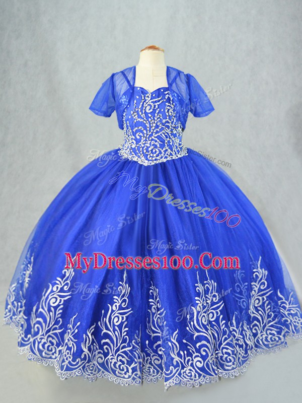 Custom Made Royal Blue Sleeveless Floor Length Beading and Embroidery Lace Up Child Pageant Dress