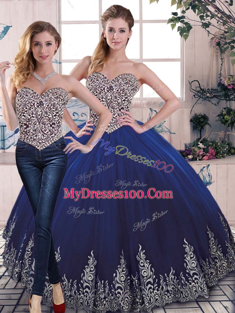 Royal Blue Sleeveless Beading and Embroidery Floor Length 15th Birthday Dress