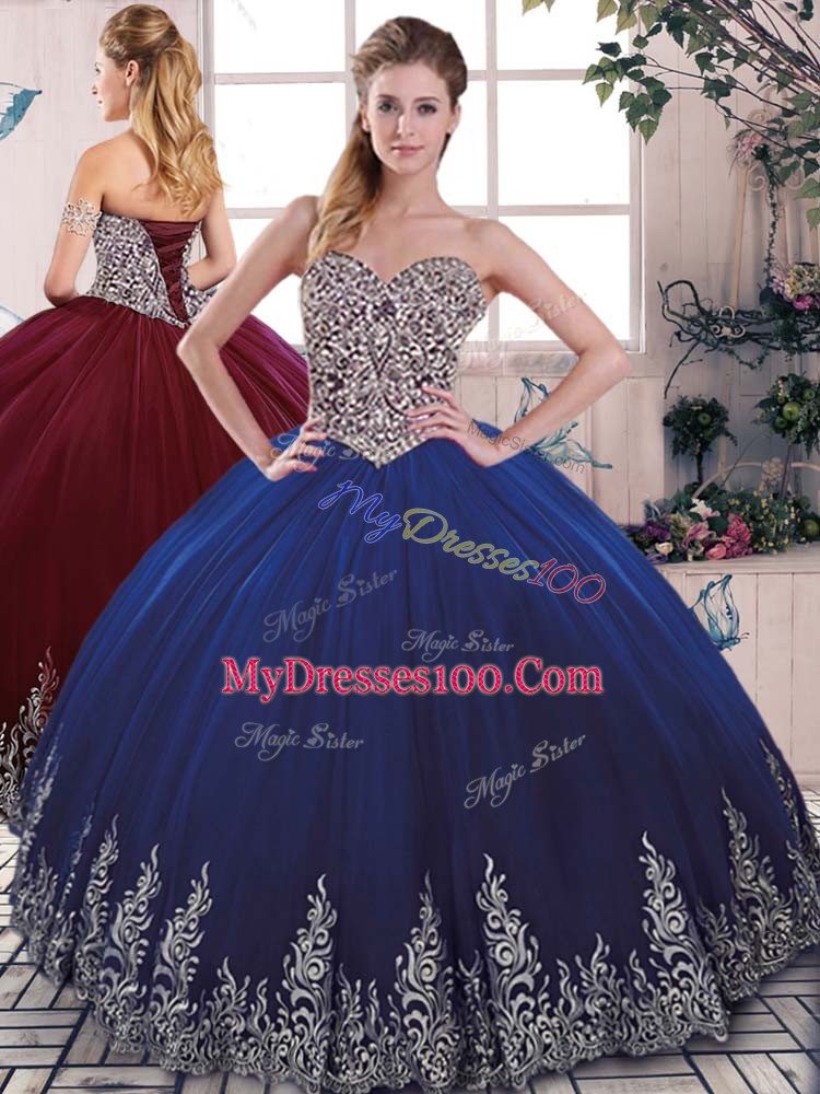 Royal Blue Sleeveless Beading and Embroidery Floor Length 15th Birthday Dress