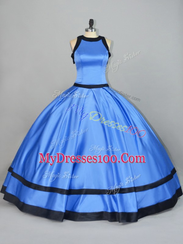 Scoop Sleeveless Ball Gown Prom Dress Floor Length Ruching Blue Satin
