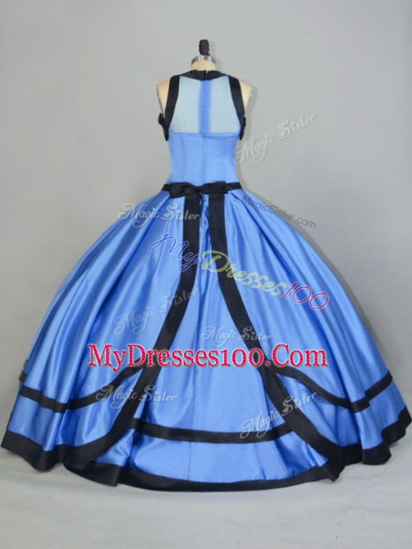 Scoop Sleeveless Ball Gown Prom Dress Floor Length Ruching Blue Satin