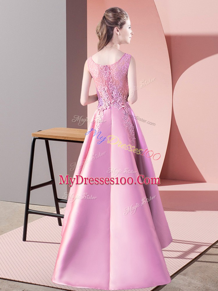 High End Lilac A-line Lace Bridesmaid Gown Zipper Satin Sleeveless High Low