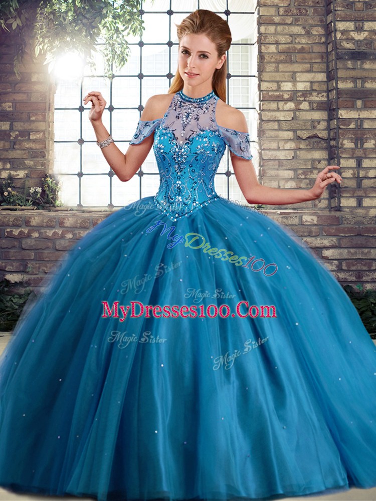 Blue Lace Up Halter Top Beading Quinceanera Gown Tulle Sleeveless Brush Train