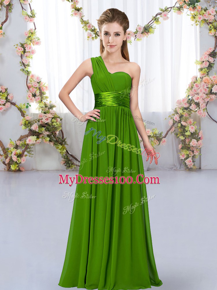 Fancy One Shoulder Sleeveless Wedding Party Dress Floor Length Belt Green Chiffon