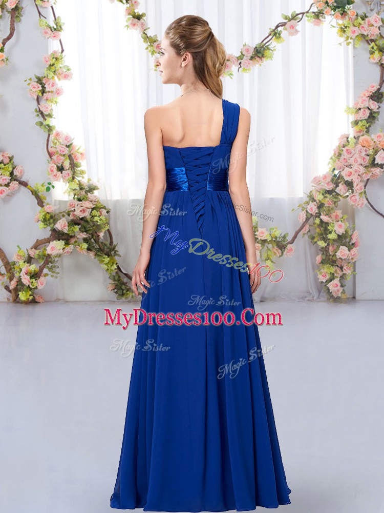 Fancy One Shoulder Sleeveless Wedding Party Dress Floor Length Belt Green Chiffon
