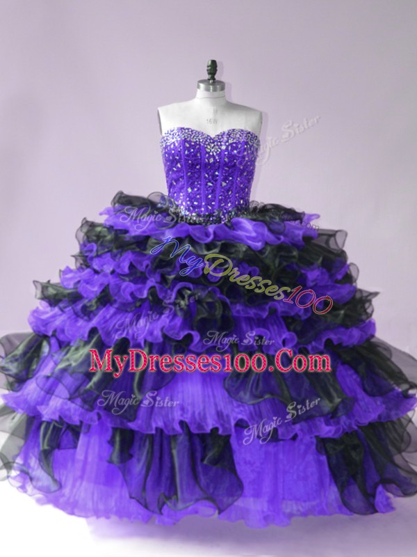 Beading and Ruffled Layers Quinceanera Dresses Black And Purple Lace Up Sleeveless Floor Length
