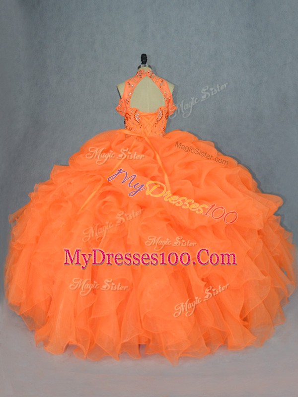 Free and Easy Orange Ball Gowns Organza High-neck Sleeveless Beading and Ruffles Floor Length Lace Up 15 Quinceanera Dress
