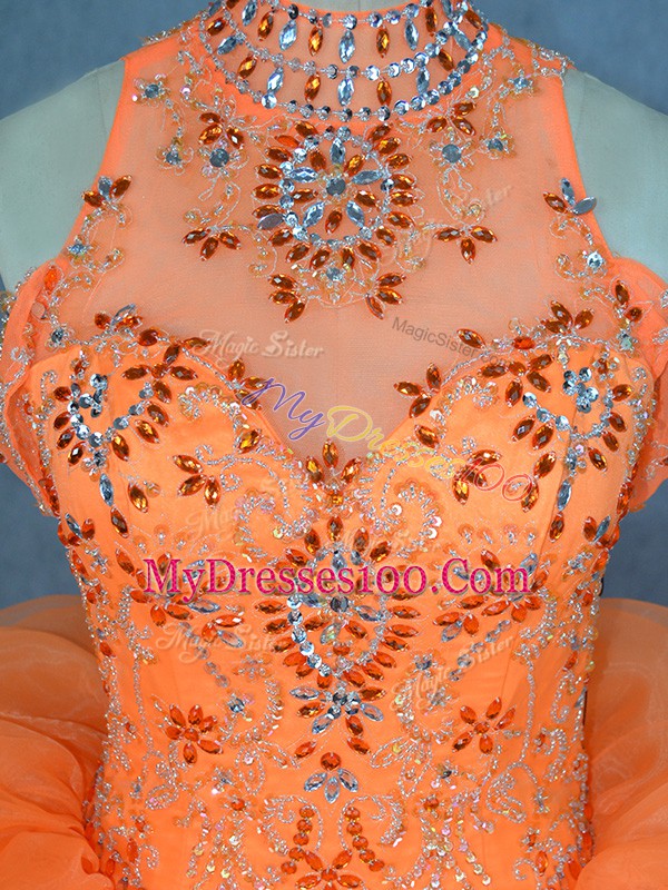 Free and Easy Orange Ball Gowns Organza High-neck Sleeveless Beading and Ruffles Floor Length Lace Up 15 Quinceanera Dress