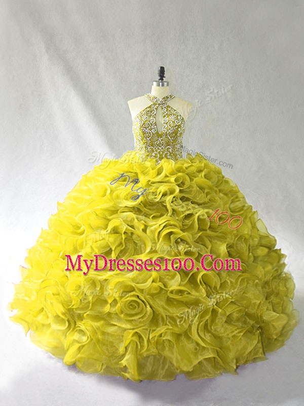 Fabulous Olive Green Organza Lace Up Halter Top Sleeveless Vestidos de Quinceanera Brush Train Beading and Ruffles