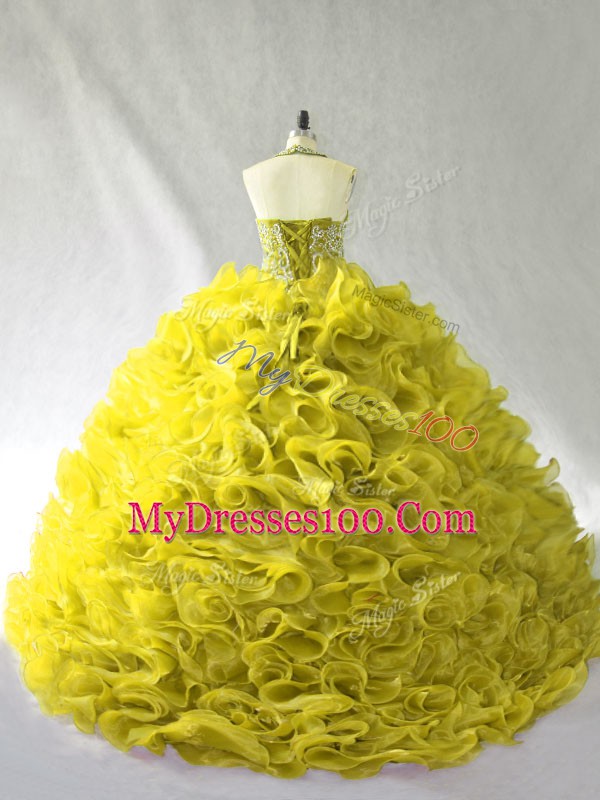 Fabulous Olive Green Organza Lace Up Halter Top Sleeveless Vestidos de Quinceanera Brush Train Beading and Ruffles