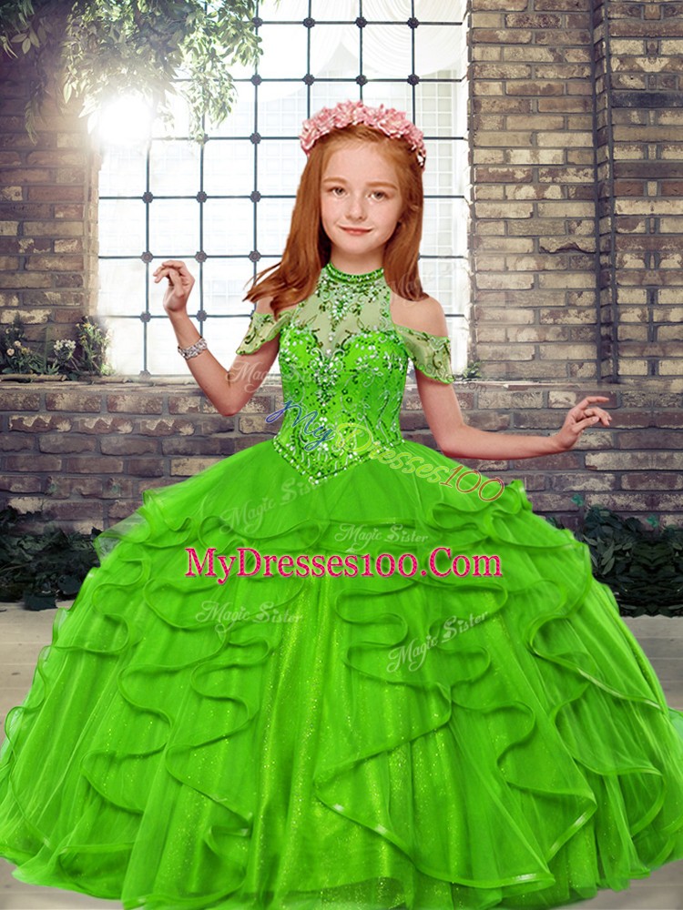 Floor Length Lace Up Kids Pageant Dress with Beading and Ruffles