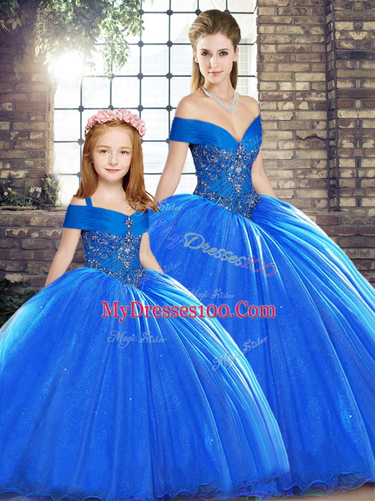 Fabulous Organza Off The Shoulder Sleeveless Brush Train Lace Up Beading Quinceanera Gown in Royal Blue