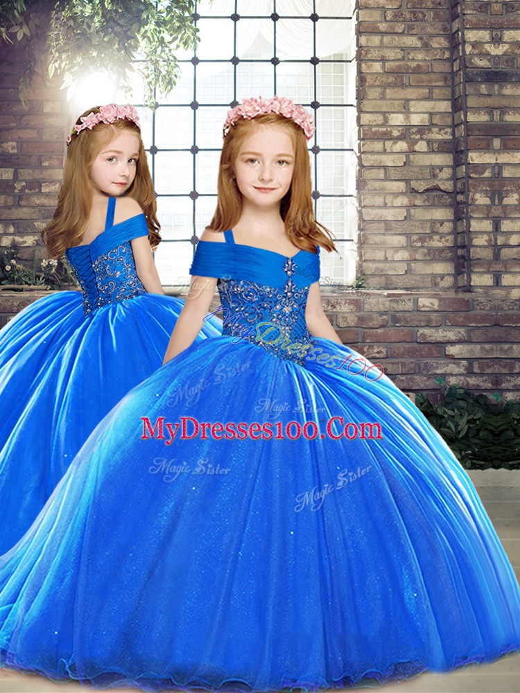 Fabulous Organza Off The Shoulder Sleeveless Brush Train Lace Up Beading Quinceanera Gown in Royal Blue