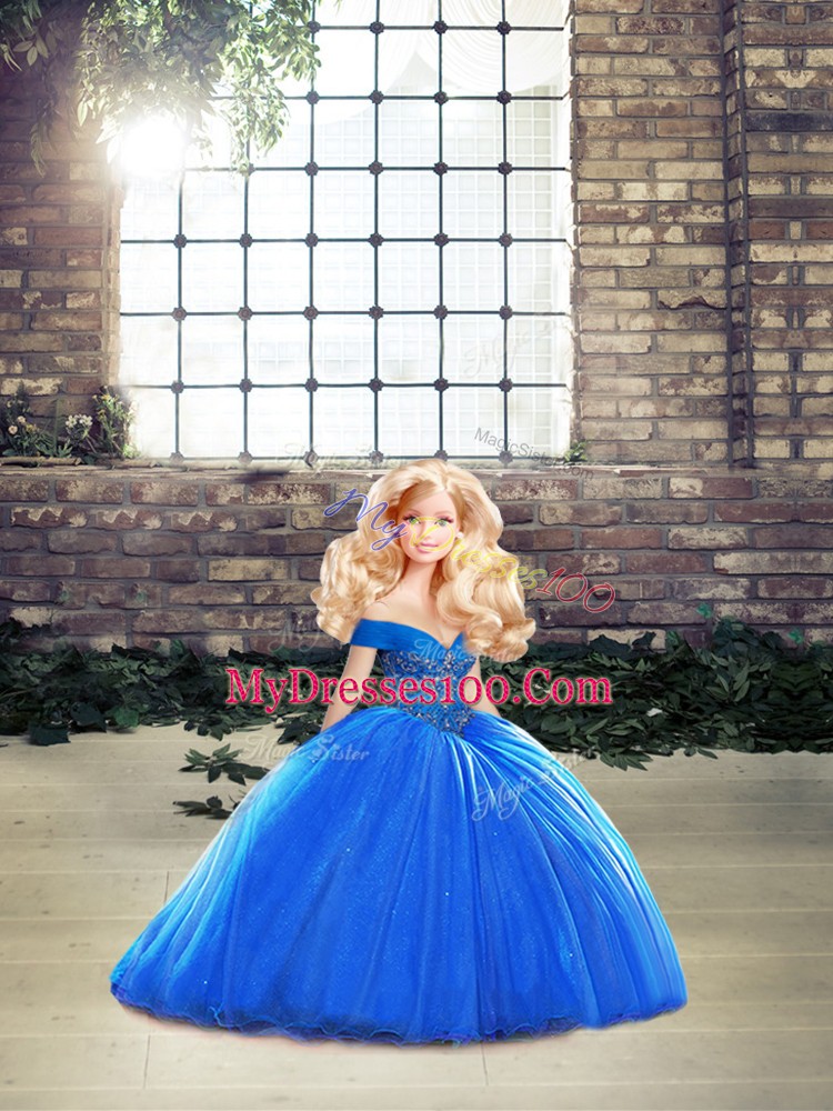 Fabulous Organza Off The Shoulder Sleeveless Brush Train Lace Up Beading Quinceanera Gown in Royal Blue