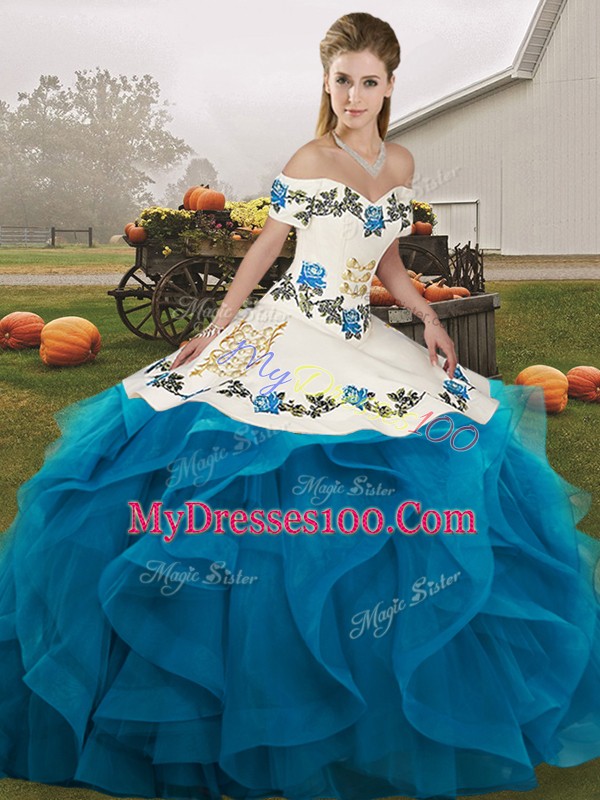 Blue And White Quinceanera Gowns Military Ball and Sweet 16 and Quinceanera with Embroidery and Ruffles Off The Shoulder Sleeveless Lace Up