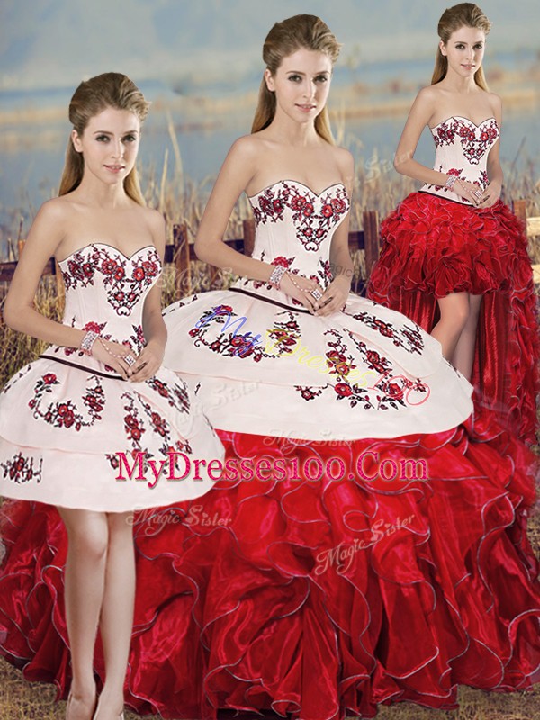 White And Red Sleeveless Embroidery and Ruffles and Bowknot Floor Length Quinceanera Gowns
