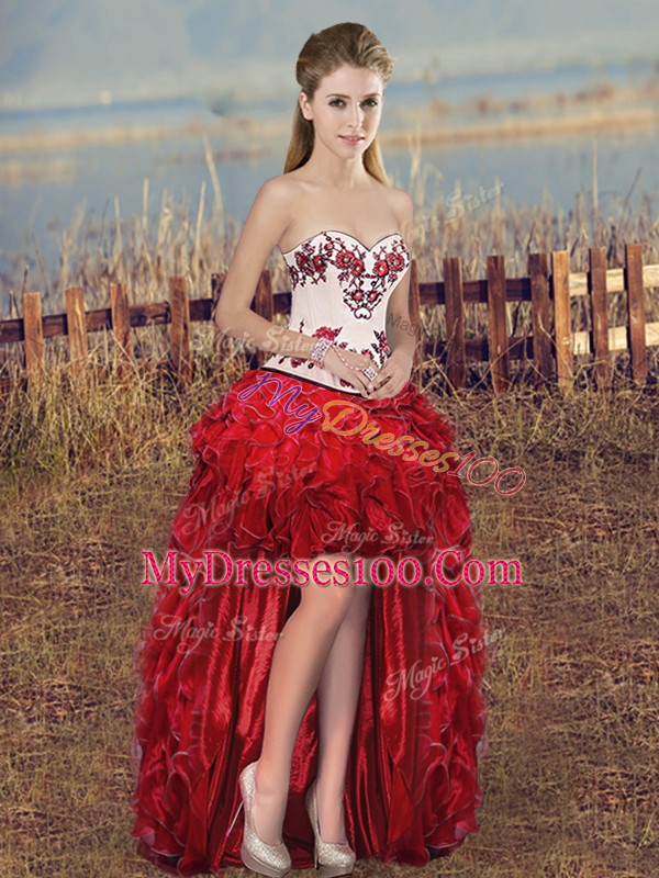 White And Red Sleeveless Embroidery and Ruffles and Bowknot Floor Length Quinceanera Gowns